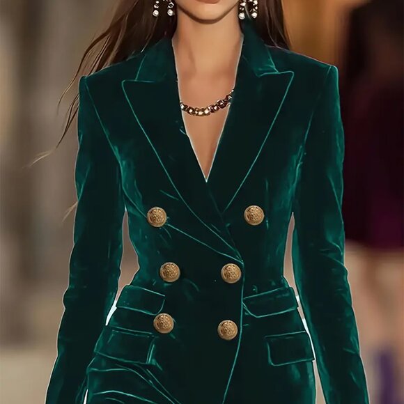 Velvet Double-Breasted Blazer Dress | New Mini Cotton Bodycon Dress - Picture 1 of 10